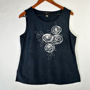 Zoe D. Womens Black Cupro Sleeveless Floral Embroidered Rose Blouse Top Size 10